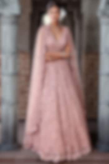 Dusty Pink Tulle Floral Jaal Embroidered Bridal Lehenga Set by NITIKA GUJRAL at Pernia's Pop Up Shop