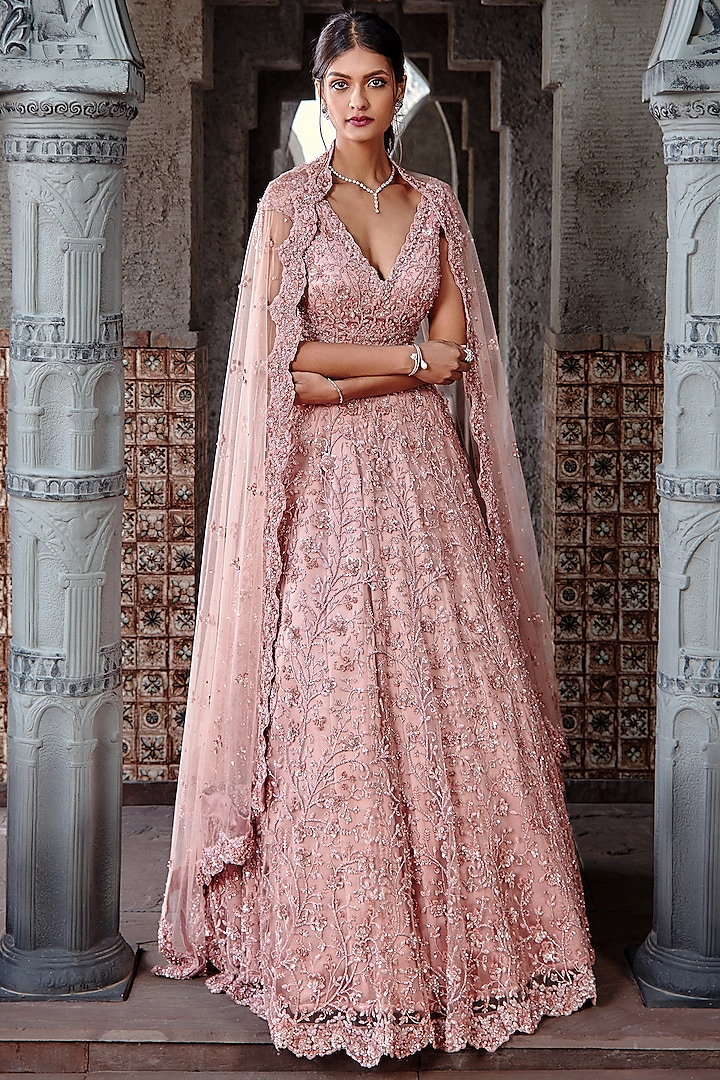 Dusty Coral Tulle Sequins Embroidered Lehenga Set Design by NITIKA GUJRAL  at Pernia's Pop Up Shop 2024