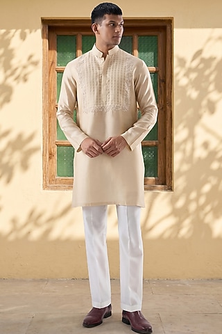 Beige Silk Tencel Resham Embroidered Kurta Set by Niti Bothra Men