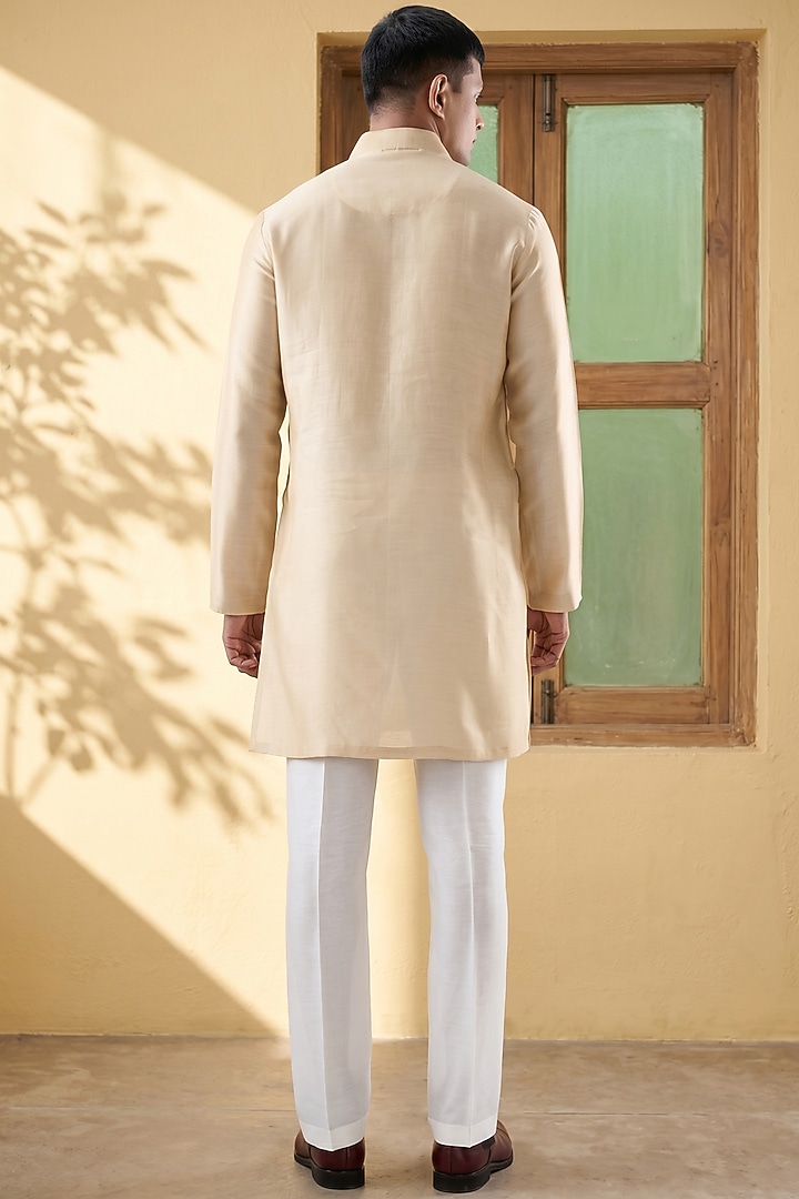 Beige Silk Tencel Resham Embroidered Kurta Set by Niti Bothra Men at Pernia's Pop Up Shop