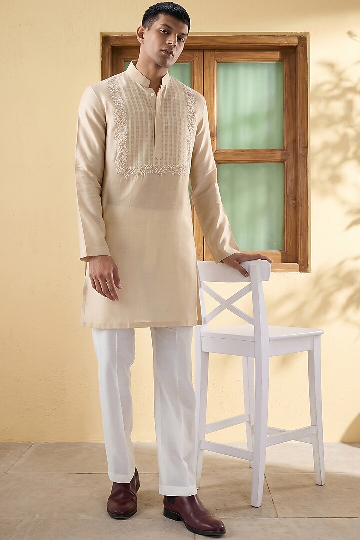 Beige Silk Tencel Resham Embroidered Kurta Set by Niti Bothra Men at Pernia's Pop Up Shop
