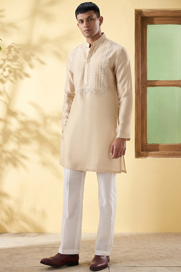 Beige Silk Tencel Resham Embroidered Kurta Set by Niti Bothra Men at Pernia's Pop Up Shop