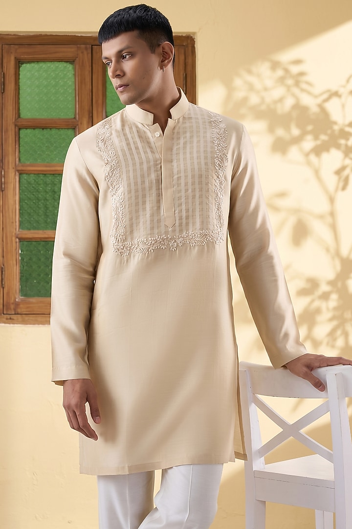 Beige Silk Tencel Resham Embroidered Kurta Set by Niti Bothra Men at Pernia's Pop Up Shop