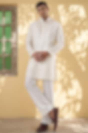 Ivory Silk Tencel Resham Embroidered Kurta Set by Niti Bothra Men at Pernia's Pop Up Shop