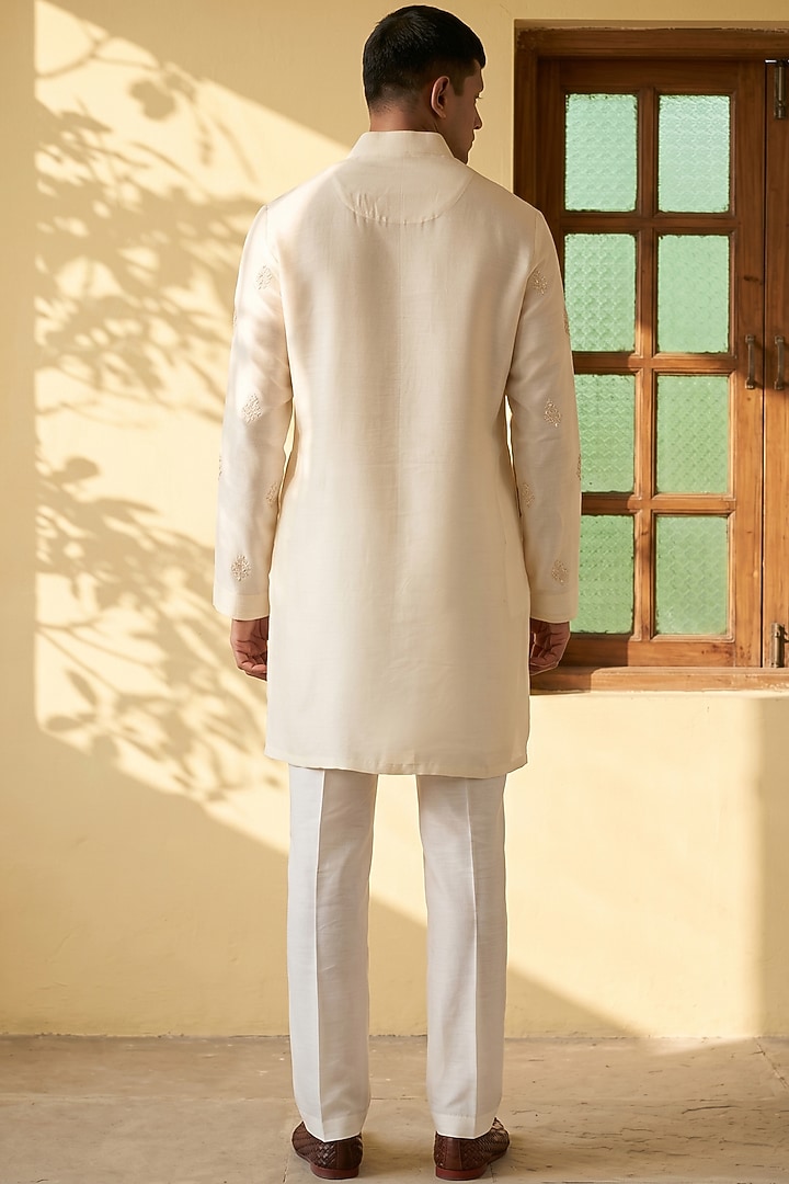 Ivory Silk Tencel Resham Embroidered Kurta Set by Niti Bothra Men at Pernia's Pop Up Shop