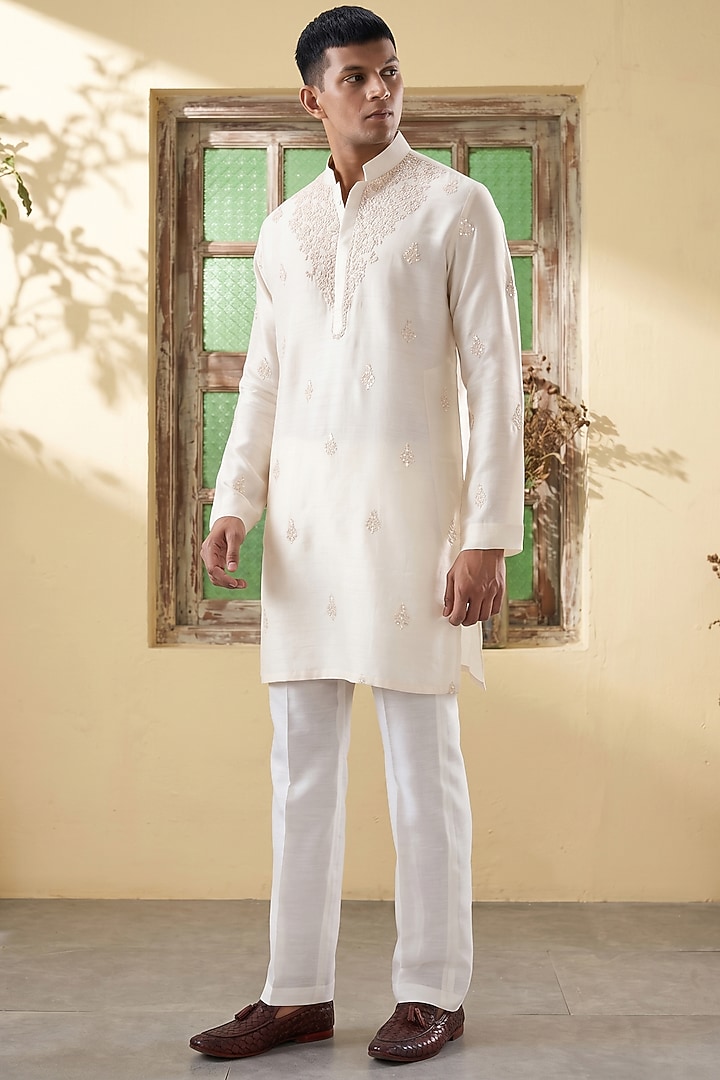 Ivory Silk Tencel Resham Embroidered Kurta Set by Niti Bothra Men at Pernia's Pop Up Shop