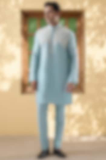 Blue Silk Tencel Resham Embroidered Kurta Set by Niti Bothra Men at Pernia's Pop Up Shop