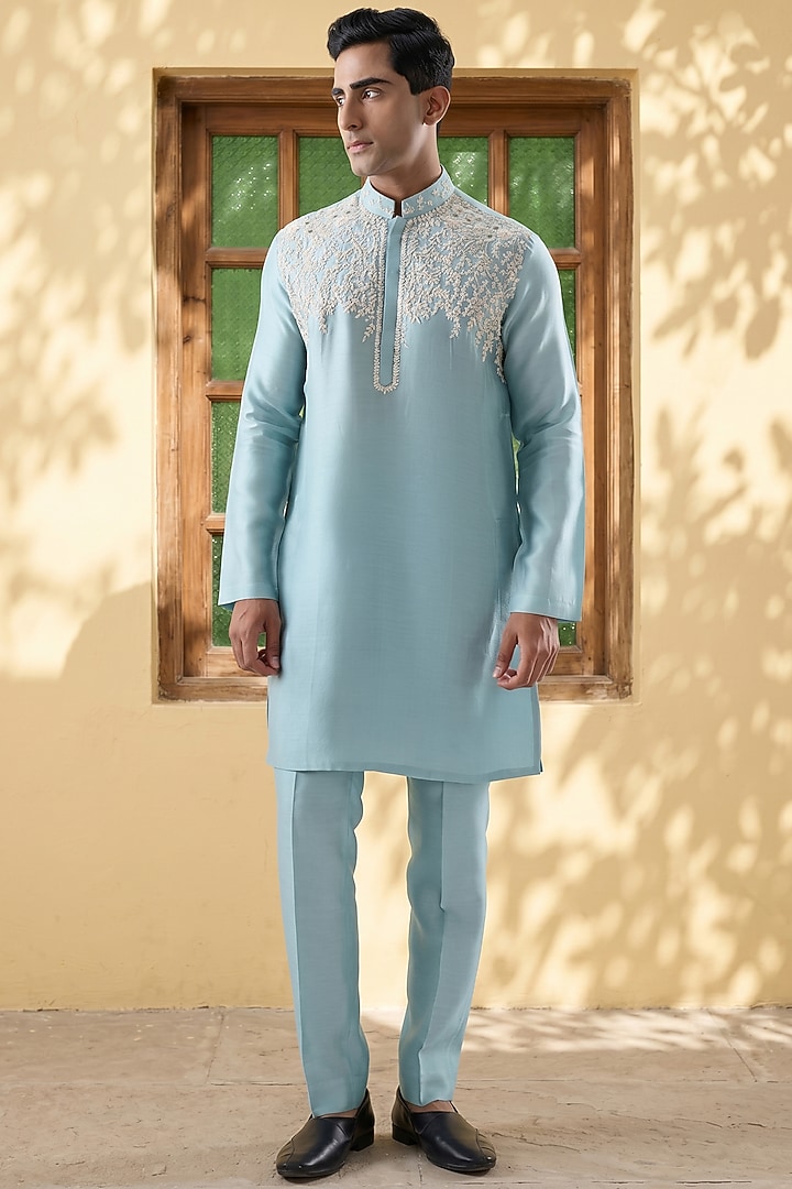 Blue Silk Tencel Resham Embroidered Kurta Set by Niti Bothra Men at Pernia's Pop Up Shop