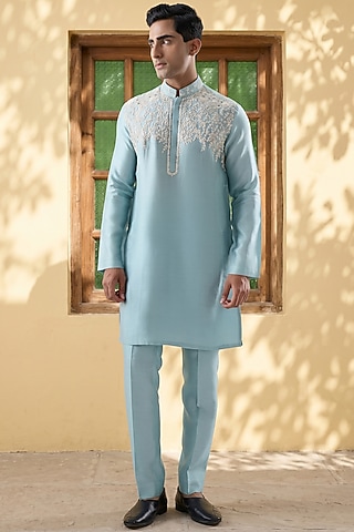 Blue Silk Tencel Resham Embroidered Kurta Set by Niti Bothra Men