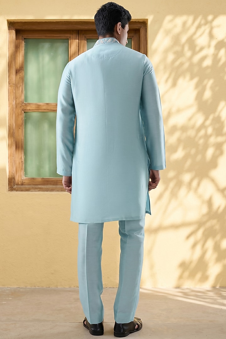 Blue Silk Tencel Resham Embroidered Kurta Set by Niti Bothra Men at Pernia's Pop Up Shop