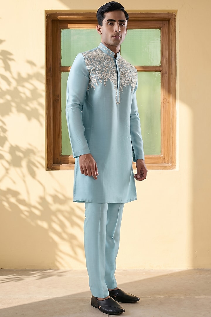 Blue Silk Tencel Resham Embroidered Kurta Set by Niti Bothra Men at Pernia's Pop Up Shop