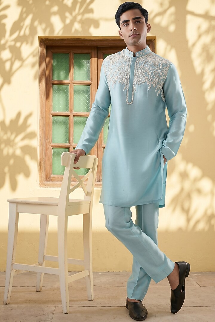 Blue Silk Tencel Resham Embroidered Kurta Set by Niti Bothra Men at Pernia's Pop Up Shop