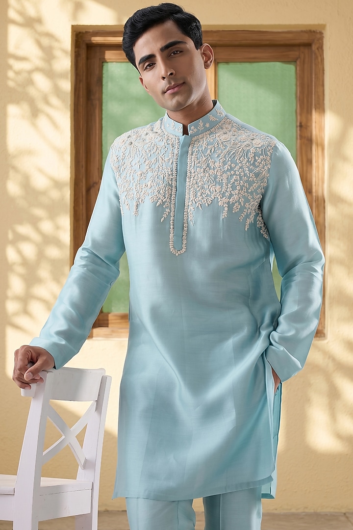 Blue Silk Tencel Resham Embroidered Kurta Set by Niti Bothra Men at Pernia's Pop Up Shop