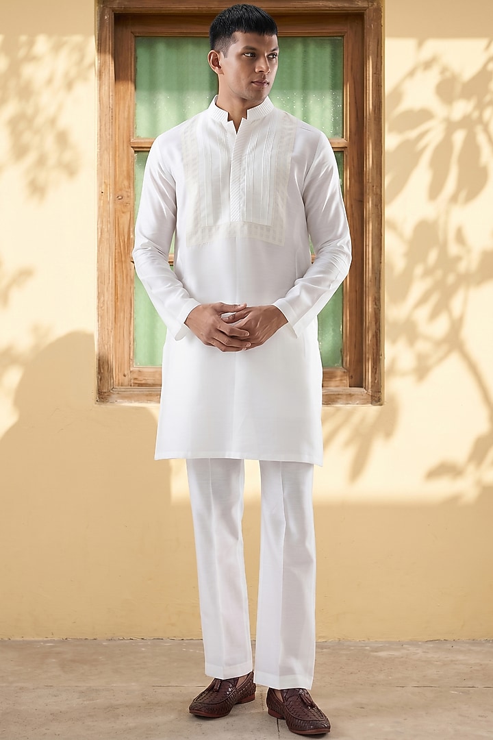 Ivory Silk Tencel Pintuck Kurta Set by Niti Bothra Men at Pernia's Pop Up Shop