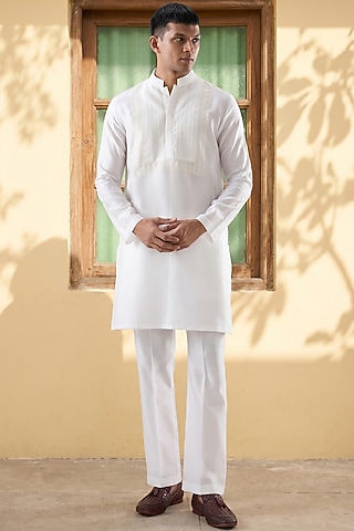 Ivory Silk Tencel Pintuck Kurta Set by Niti Bothra Men