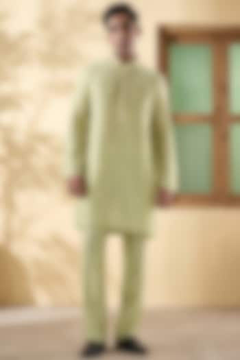 Green Silk Tencel Resham Embroidered Kurta Set by Niti Bothra Men at Pernia's Pop Up Shop