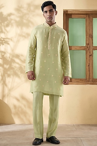 Green Silk Tencel Resham Embroidered Kurta Set by Niti Bothra Men
