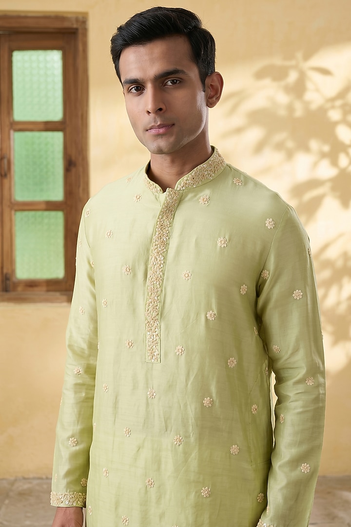 Green Silk Tencel Resham Embroidered Kurta Set by Niti Bothra Men at Pernia's Pop Up Shop