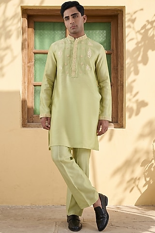 Green Silk Tencel Resham Embroidered Kurta Set by Niti Bothra Men