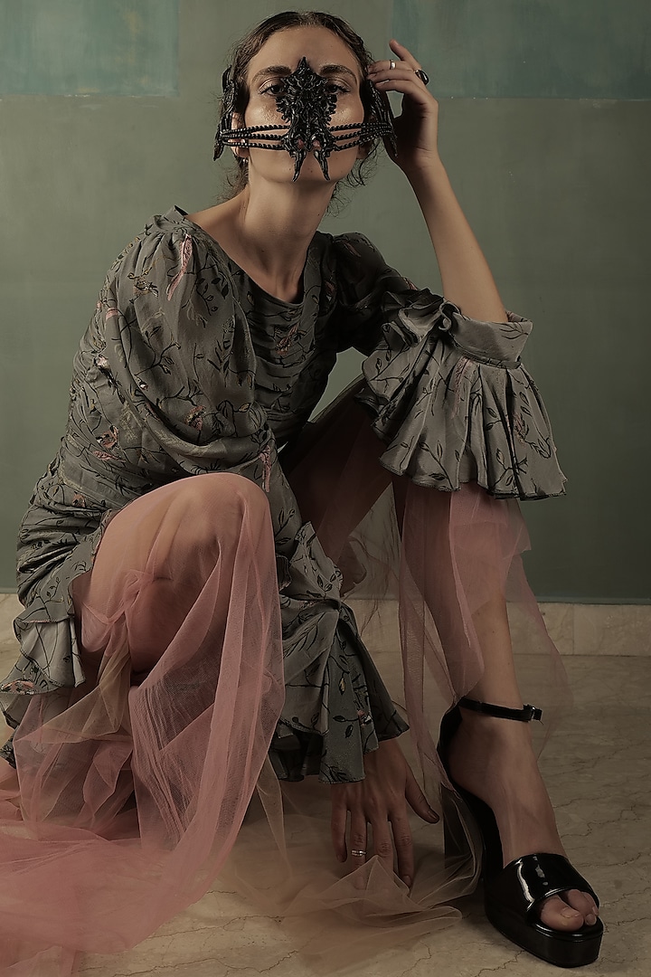 Grey Asymmetrical Digital Printed Dress by Nidhi Yasha