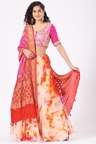 Bandhani and Chikankari Saree - Yellow Pink – Naina Jain