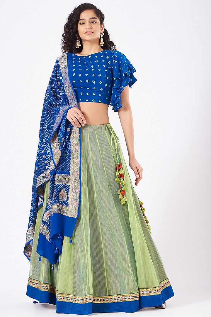 Mint & Cobalt Blue Embroidered Lehenga Set by Naina Jain