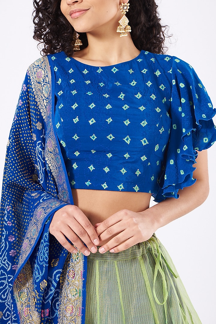 Mint & Cobalt Blue Embroidered Wedding Lehenga Set by Naina Jain at Pernia's Pop Up Shop