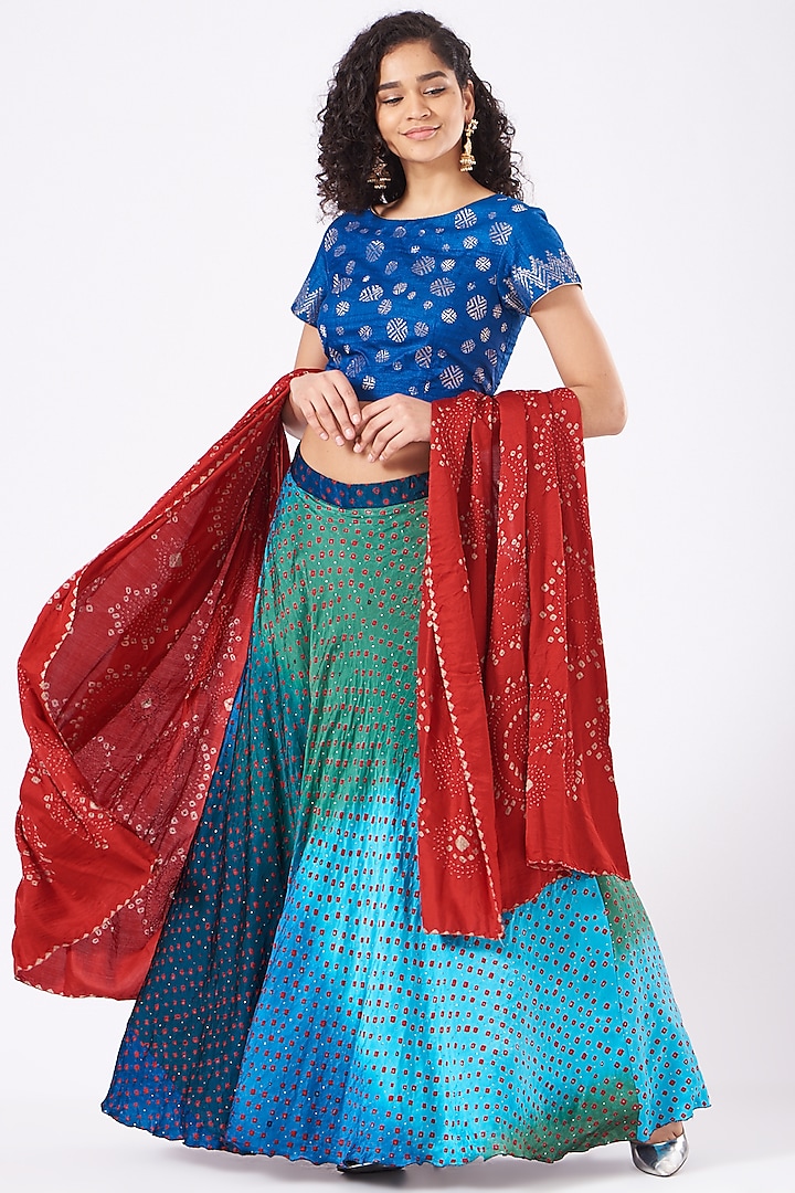Cobalt Blue Shaded Printed & Embroidered Lehenga Set by Naina Jain