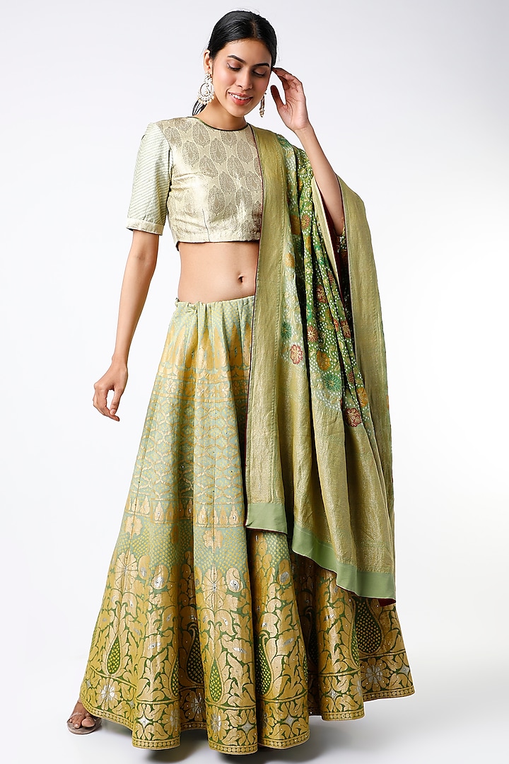 Pastel Green Bandhani Printed Banarasi Lehenga Set by Naina Jain