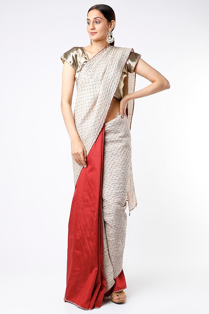 Off-White & Red Bandhani Printed Saree Set by Naina Jain
