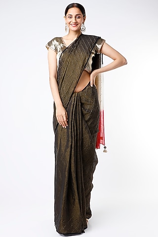 Black Saree Set With Mirror Work by Naina Jain