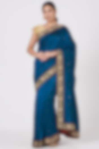 Cobalt Blue Hand Embroidered Kanjeevaram Saree by Naina Jain