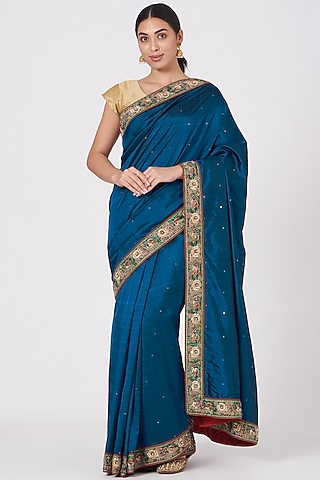 Cobalt Blue Hand Embroidered Kanjeevaram Saree by Naina Jain