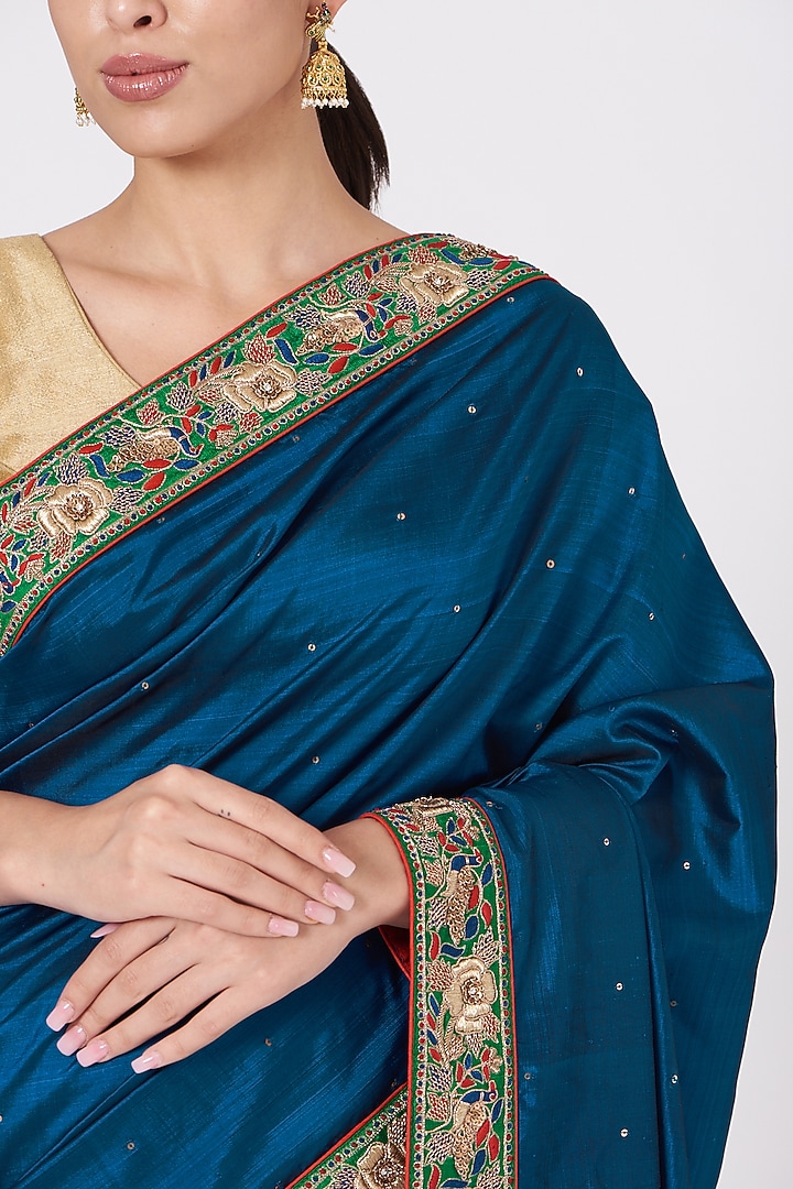 Cobalt Blue Hand Embroidered Kanjeevaram Wedding Saree by Naina Jain at Pernia's Pop Up Shop