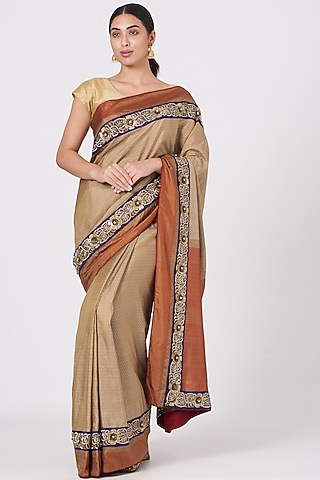 Light Brown Hand Embroidered Kanjeevaram Saree by Naina Jain