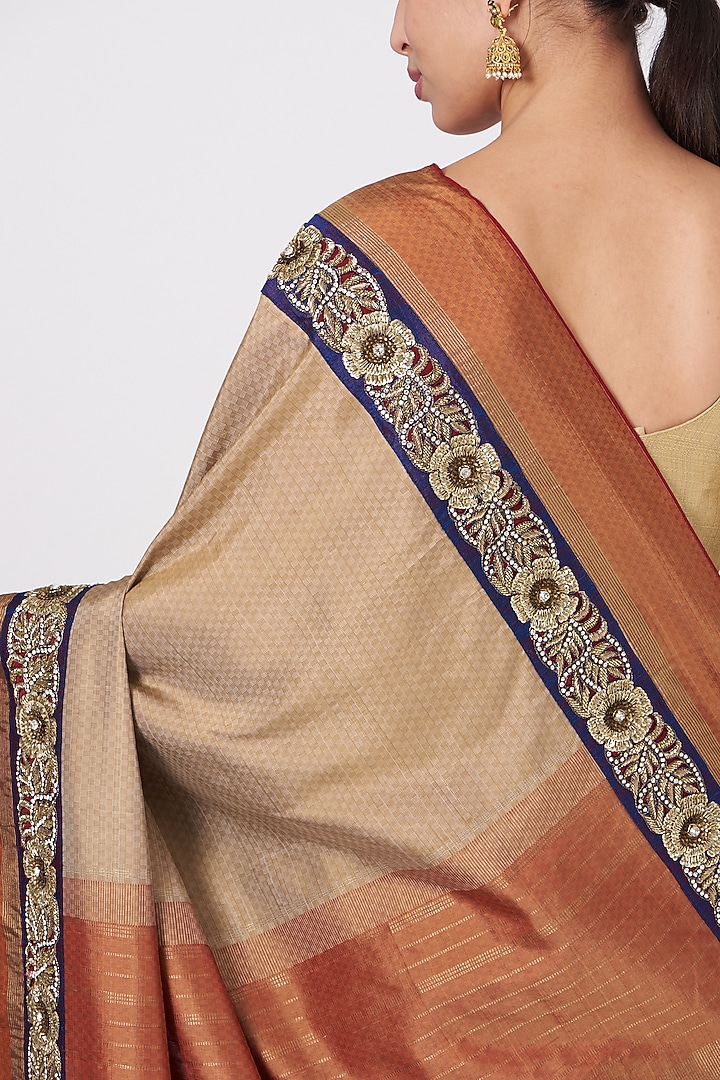 Light Brown Hand Embroidered Kanjeevaram Wedding Saree by Naina Jain at Pernia's Pop Up Shop