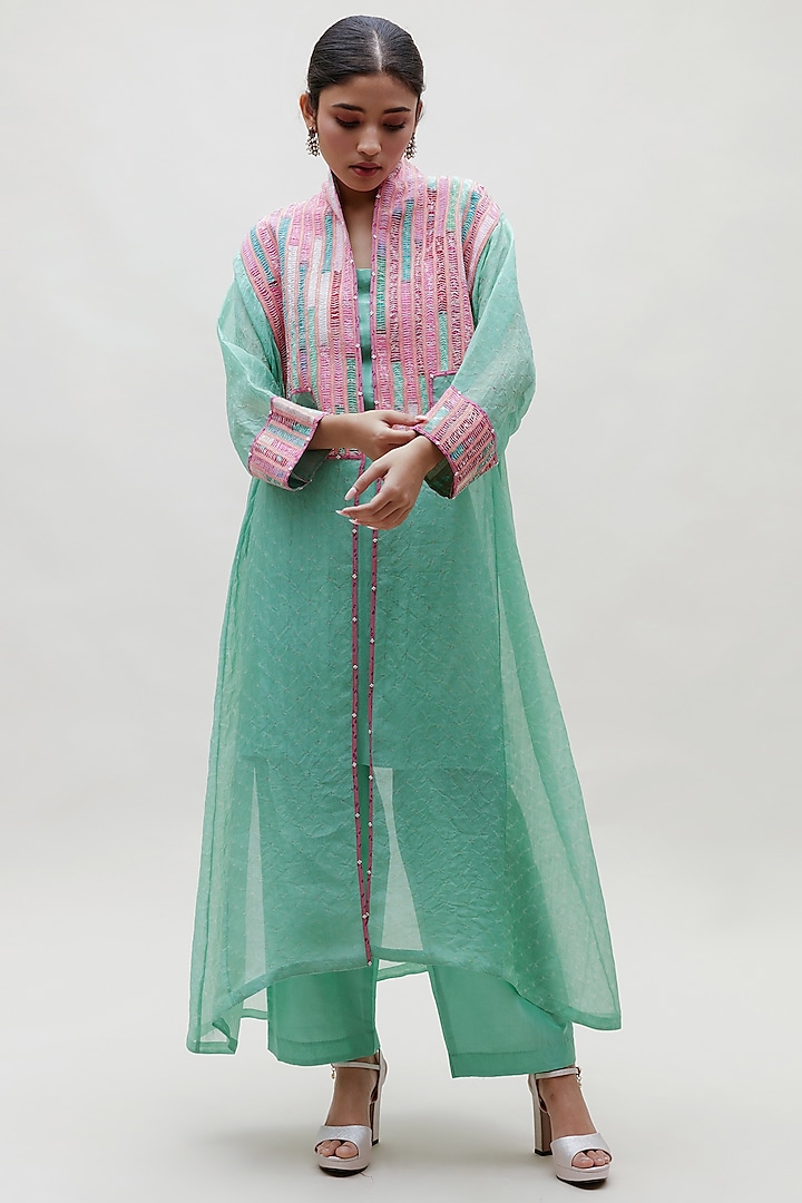 Mint Green & Pink Organza Jacket Set by Naina Jain