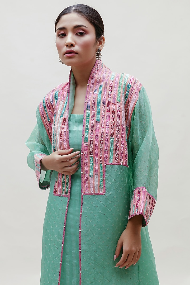 Mint Green & Pink Organza Jacket Set by Naina Jain at Pernia's Pop Up Shop