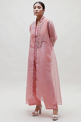 Peach Organza Jacket Set by Naina Jain