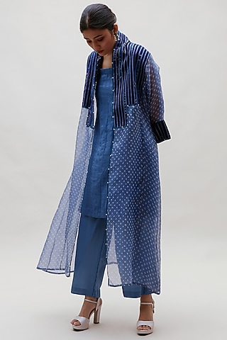 Ink Blue Organza Printed Jacket Set by Naina Jain