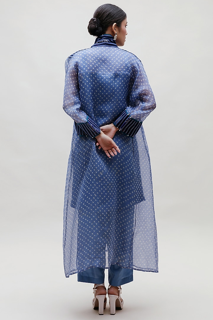 Ink Blue Organza Printed Jacket Set by Naina Jain at Pernia's Pop Up Shop