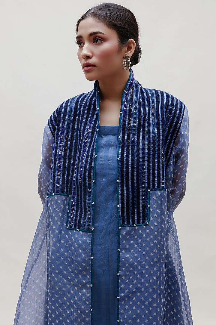 Ink Blue Organza Printed Jacket Set by Naina Jain at Pernia's Pop Up Shop