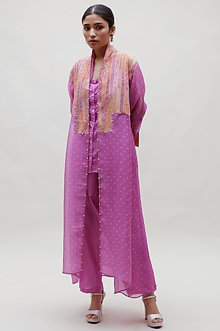 Lavender Organza Printed Jacket Set by Naina Jain