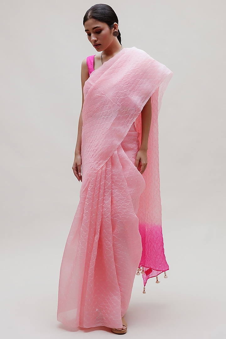 Pink Organza Bandhani Printed Saree Set by Naina Jain