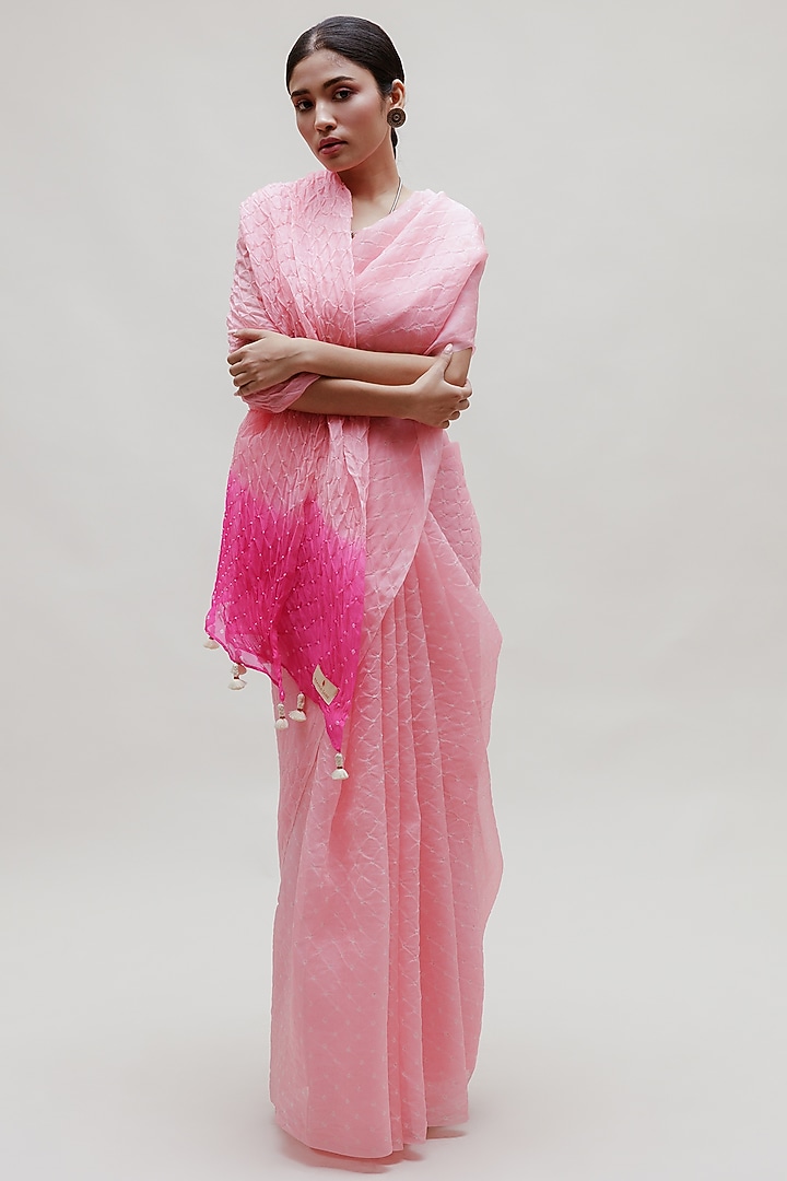 Pink Organza Bandhani Printed Party Wear Saree Set by Naina Jain at Pernia's Pop Up Shop