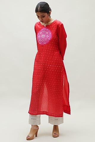 Red Pure Silk Bandhani Kurta by Naina Jain