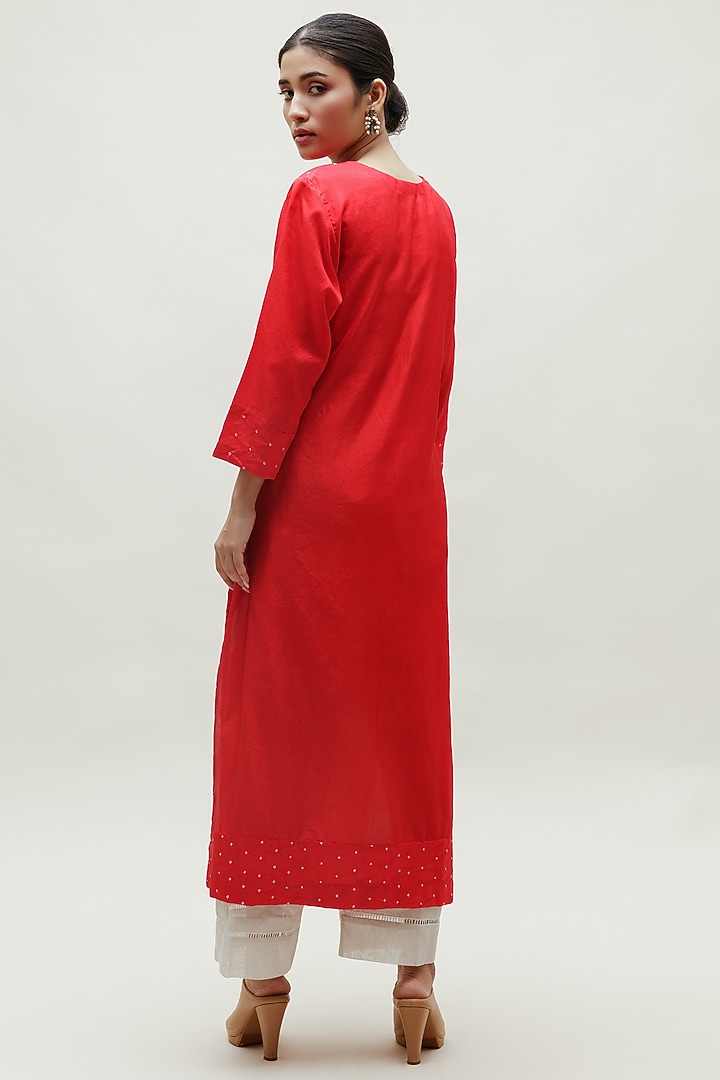 Red Pure Silk Bandhani Kurta by Naina Jain at Pernia's Pop Up Shop