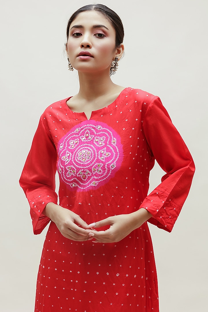 Red Pure Silk Bandhani Kurta by Naina Jain at Pernia's Pop Up Shop
