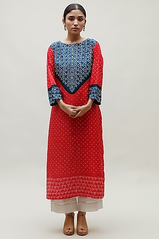 Blue Red Pure Silk Kurta by Naina Jain