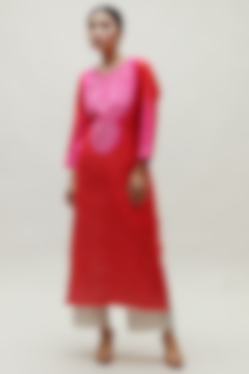 Red & Pink Pure Silk Bandhani Kurta by Naina Jain